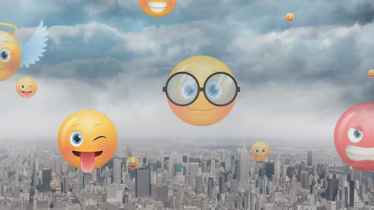 도시 풍경의 공중 시야에서 떠다니는 여러 얼굴 이모지