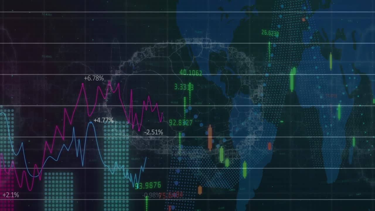 Dissolvenza griglia su wireframe, dissolvenza cervello, linea di tendenza e candele che salgono in una mappa finanziaria del mondo in 3D