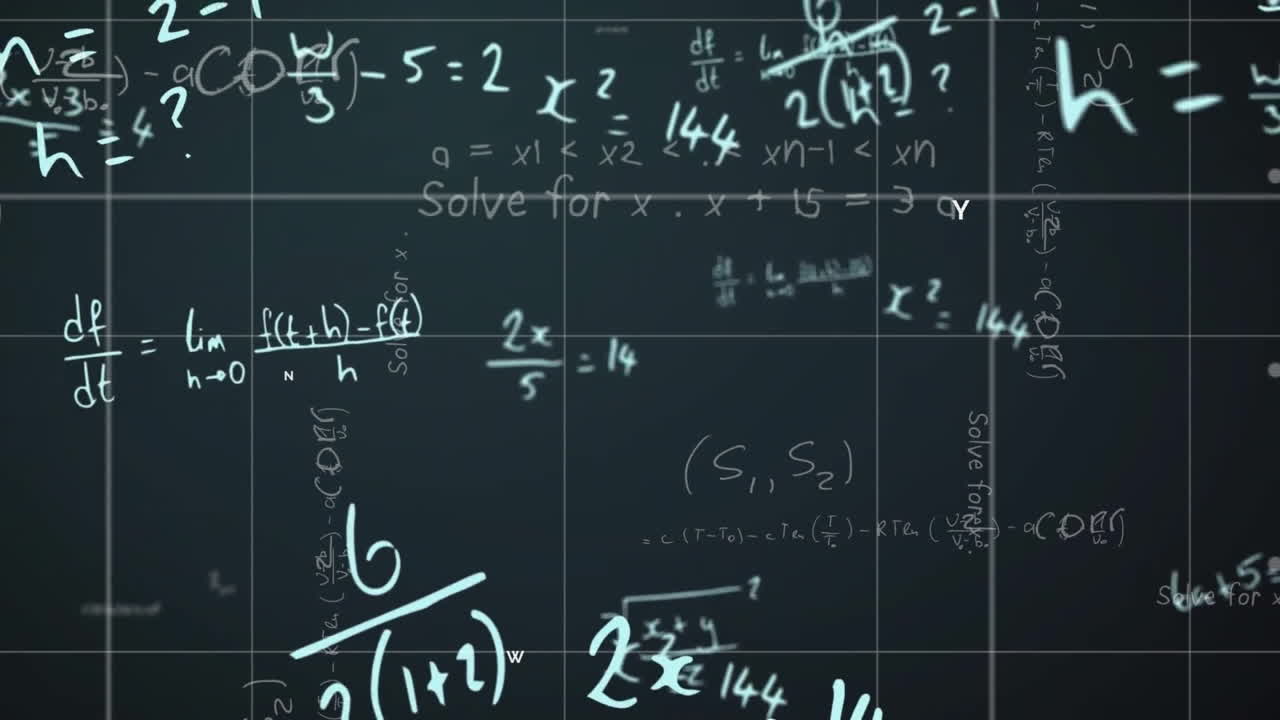 Animated mathematical equations and formulas over dark grid background