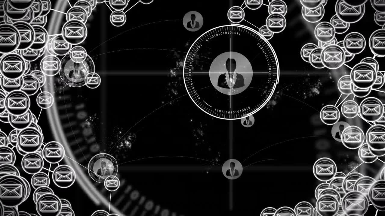 Animation of network of connections with envelope icons over scope scanning on black background