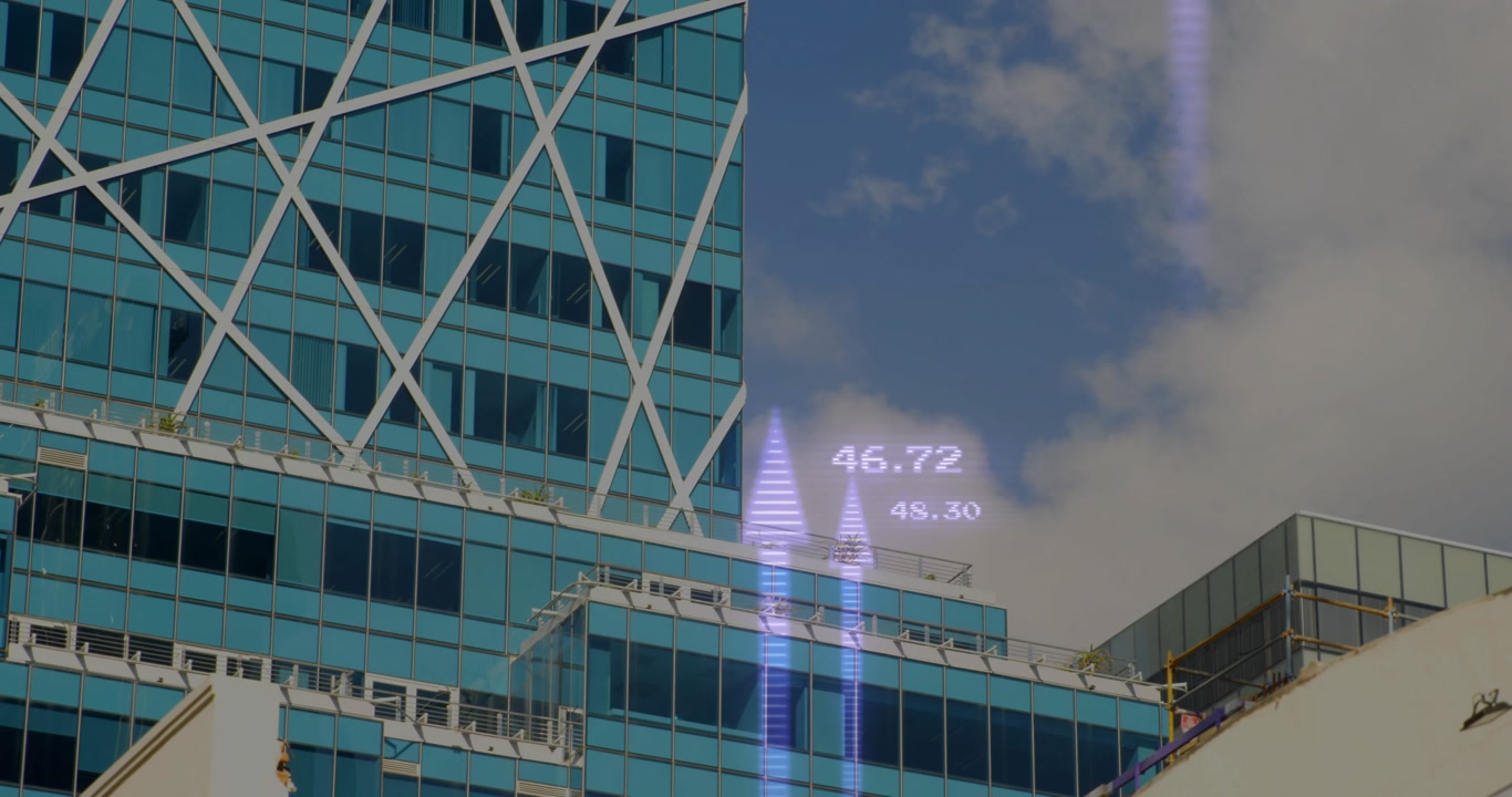 Animated Financial Data Over Modern Corporate Building
