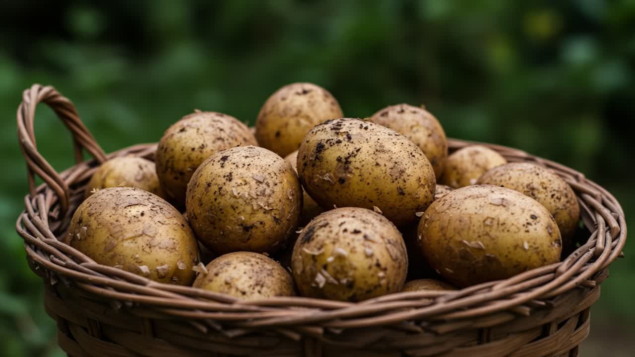 A Rustic Basket Overflowing with Freshly Harvested Potatoes, Showcasing Their Earthy Textures and Natural Beauty Against a Lush Green Background