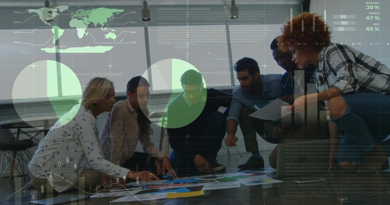 Animation of statistics and data processing over business meeting