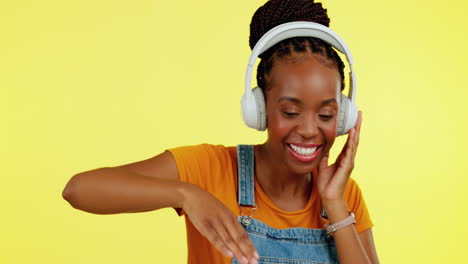 happy, dance and a black woman with headphones