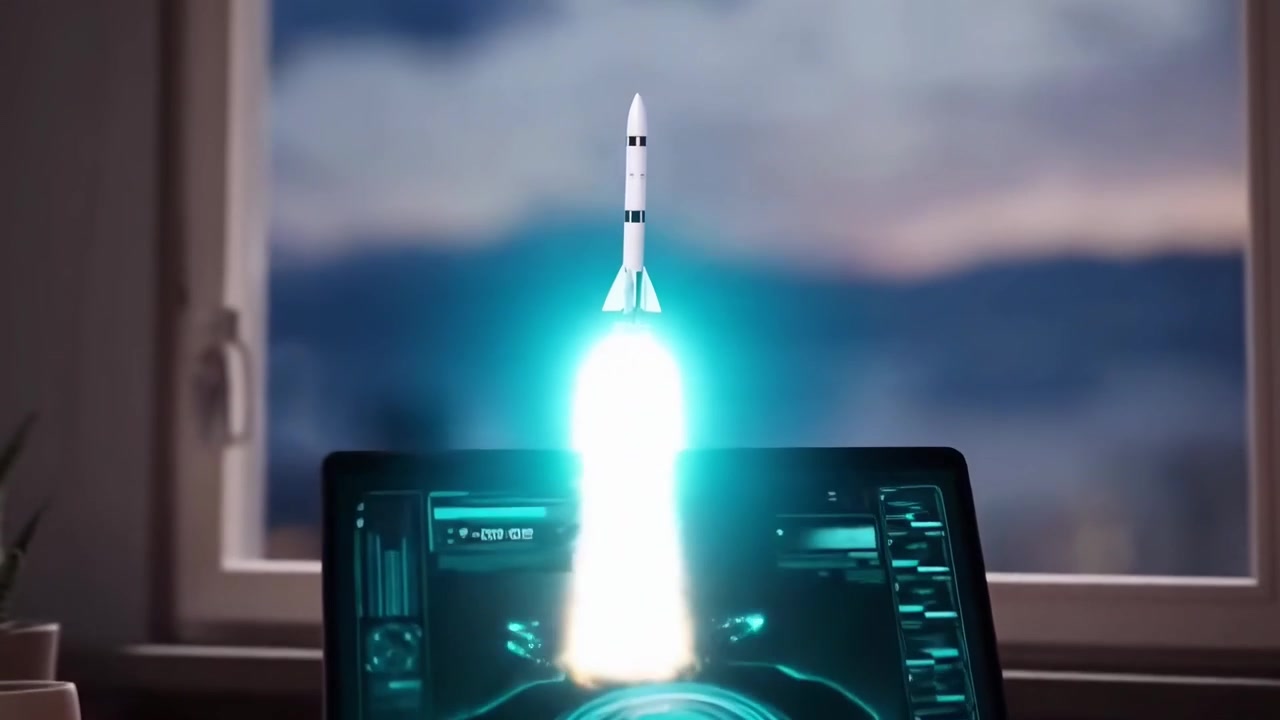Digital Rocket Launch Animation on Laptop Screen