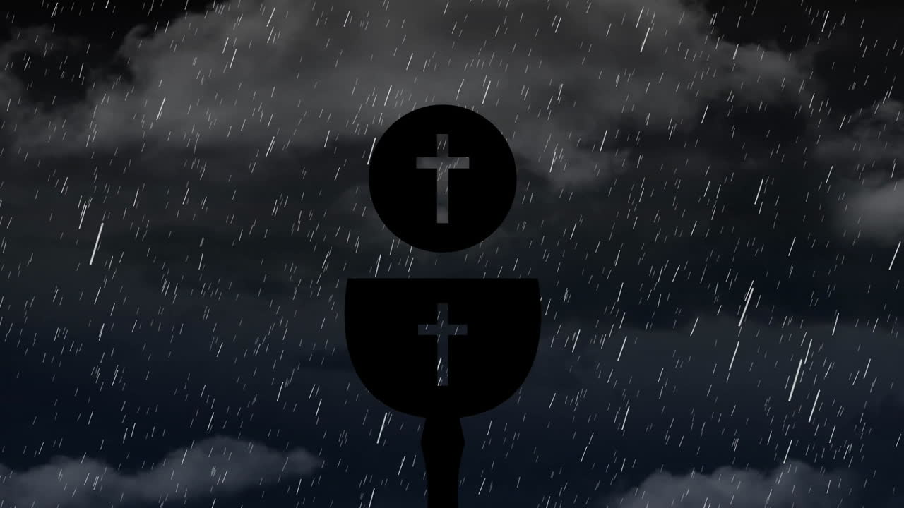 Silhouetted cross symbols with chalice and host under rainy night sky animation
