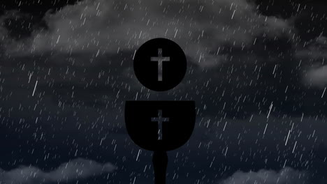 silhouetted cross symbols with chalice and host under rainy night sky animation