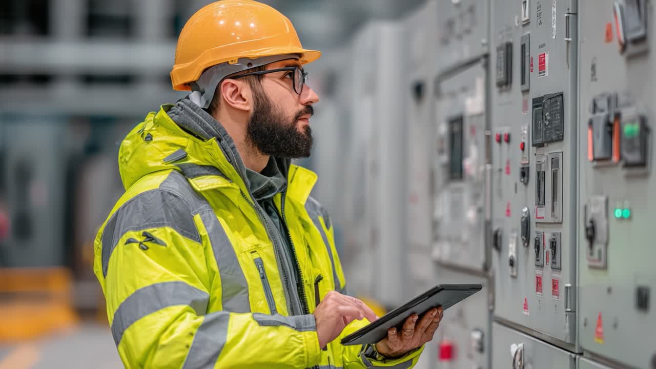 A safety-conscious worker in a bright jacket and hard hat operates a tablet while inspecting electrical control panels in an industrial facility, ensuring operational efficiency and safety
