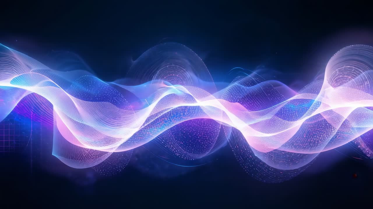 Undulating woven light ribbons shifting across dark space on play, showing dot trails and halo