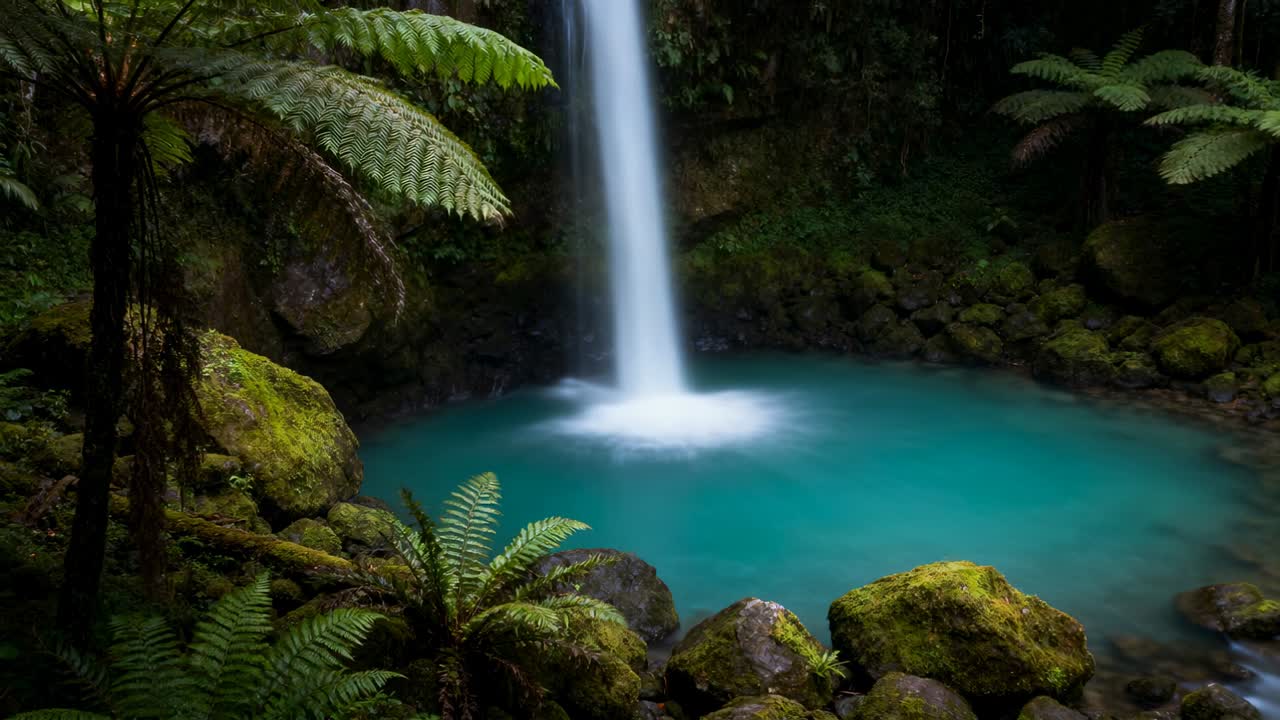 Cascata a strapiombo che alimenta una pozza turchese, creando nebbia e increspature in una gola boschiva ombreggiata.