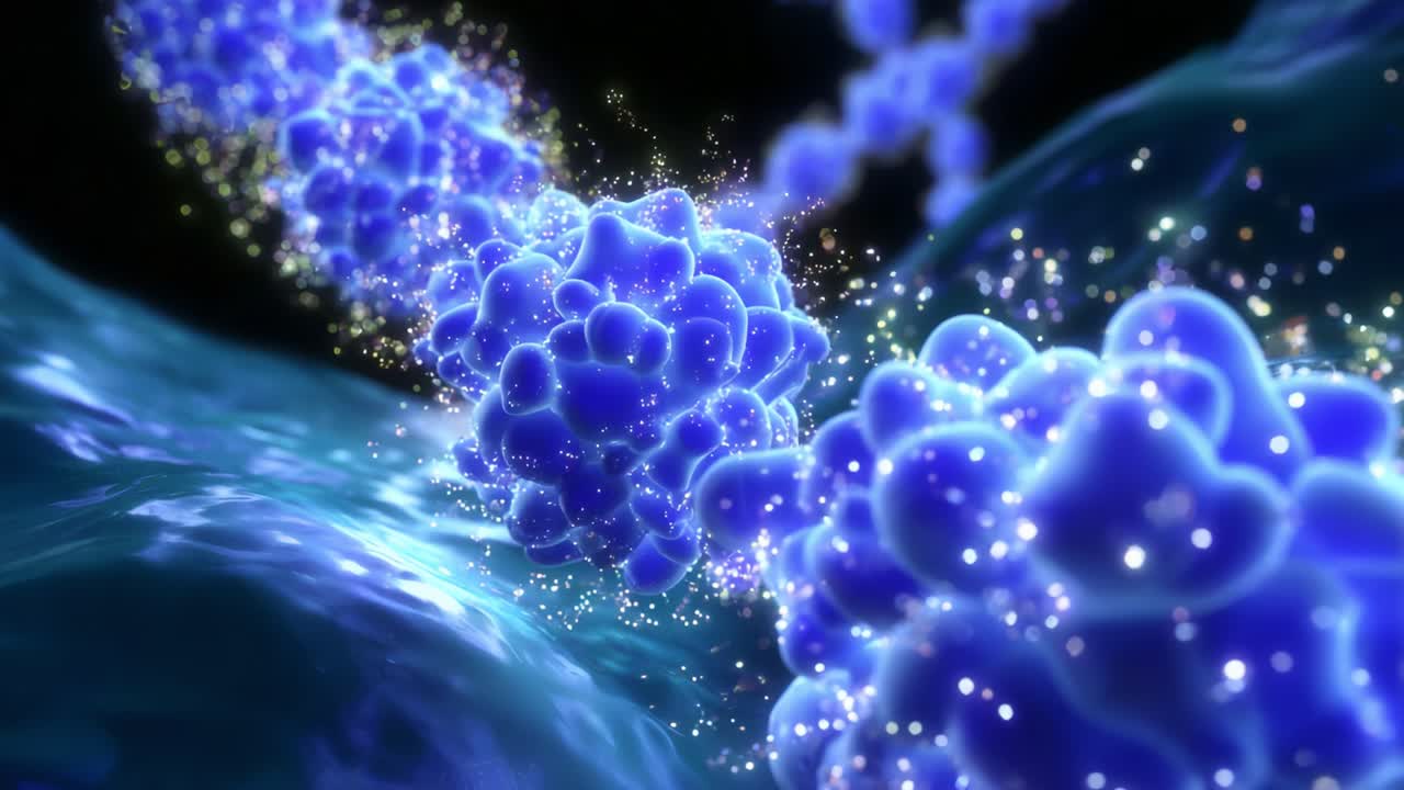 Close-up View of Molecular Structures Highlighting Cellular Interactions and Dynamics, Showcasing Vivid Blue Particles and Energy Flow in a Conceptual Representation of Biological Processes