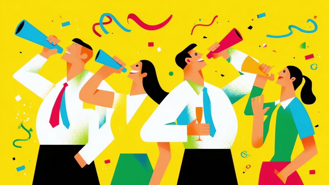 Celebratory Gathering of Four Individuals with Colorful Party Accessories Enthusiastically Popping Party Horns and Enjoying a Festive Atmosphere Filled with Confetti