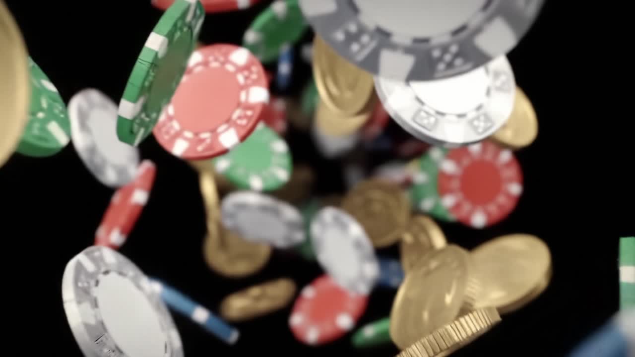 Una visualizzazione dinamica di chip e monete da casinò che cadono in movimento, catturando l'emozione del gioco e delle attività di scommessa