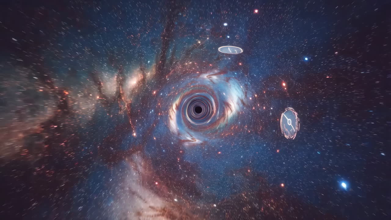 A Cosmic Journey Through a Black Hole and Swirling Galaxy