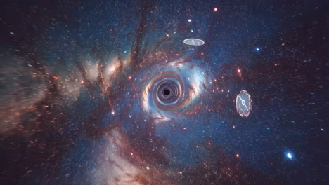 a cosmic journey through a black hole and swirling galaxy