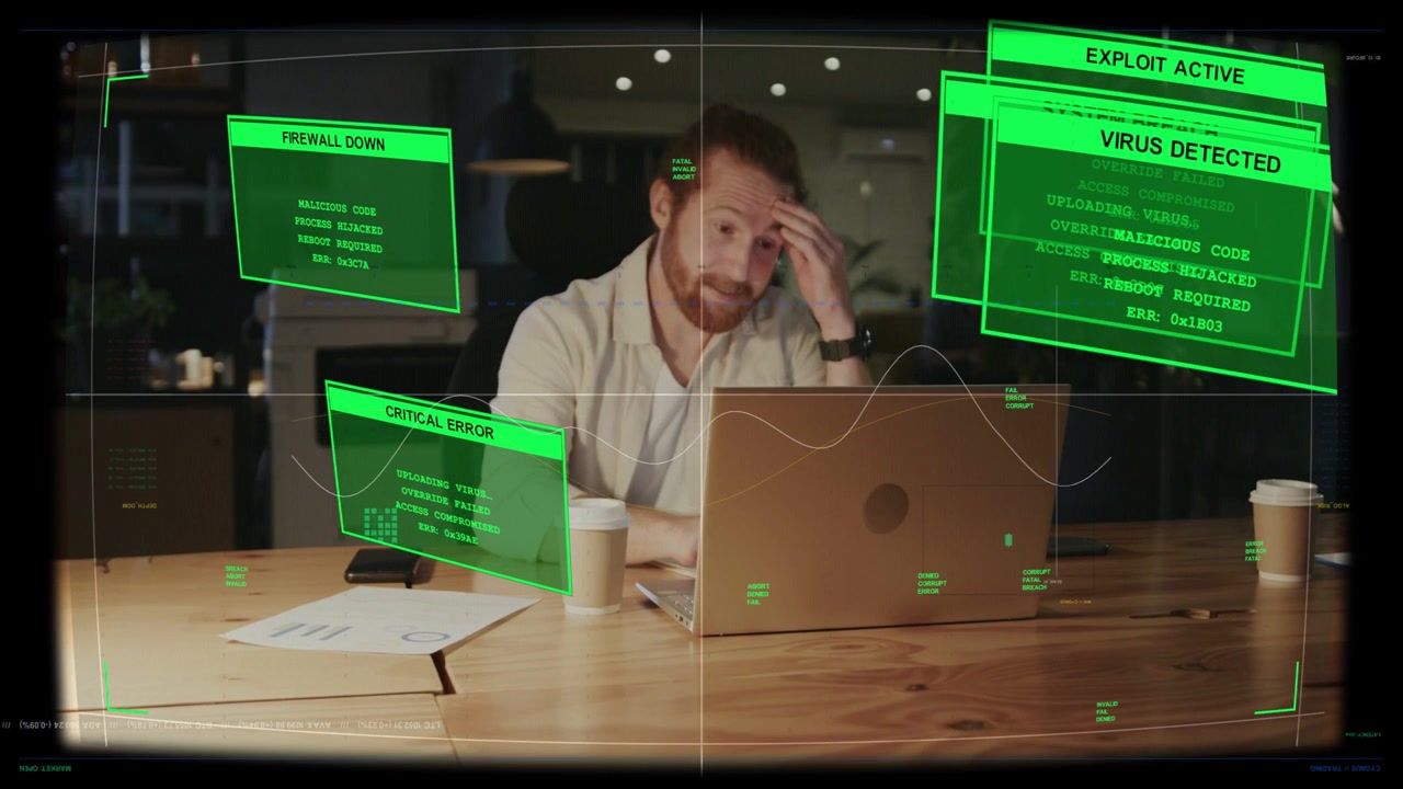 IT professional reacting to HUD alerts popping up over laptop, fixing to stop cybersecurity breach