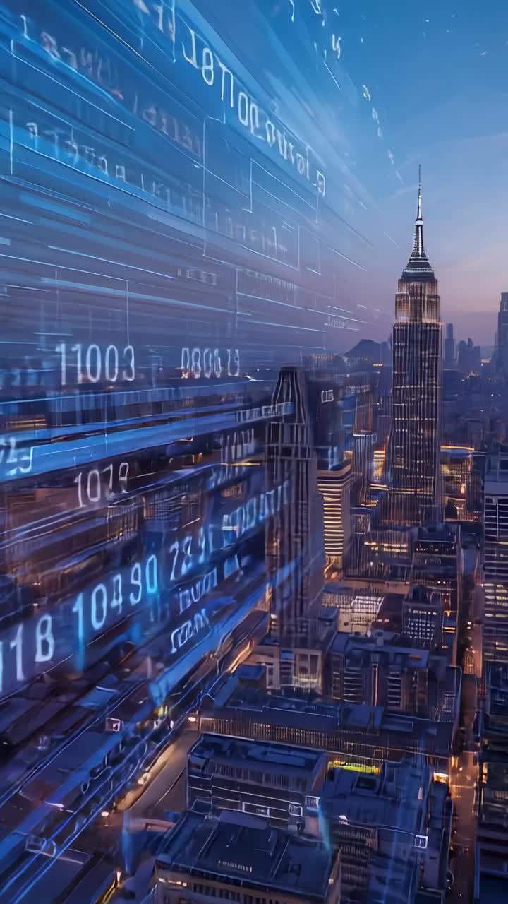 Vertical video: Drifting digital overlays left at dusk unveiling skyline with Empire State Building