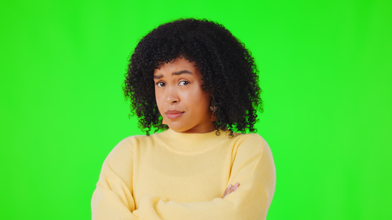 Confused, doubt or face of woman on green screen