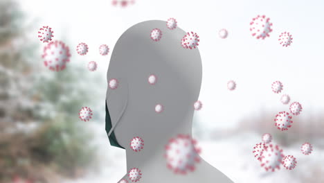 animation of covid 19 cells moving over human head with face mask spinning on winter scenery