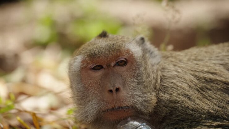 Long tailed macaque resting on temple grounds at Angkor Wat, Cambodia