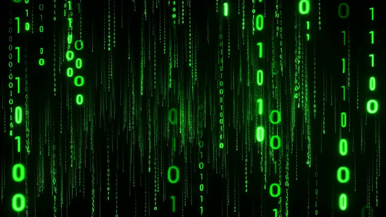 Binary code descending vertically, in dark background, with 0s, 1s, from a top-down perspective perspective, with green, black accents, and technological digital mood, nearby objects.