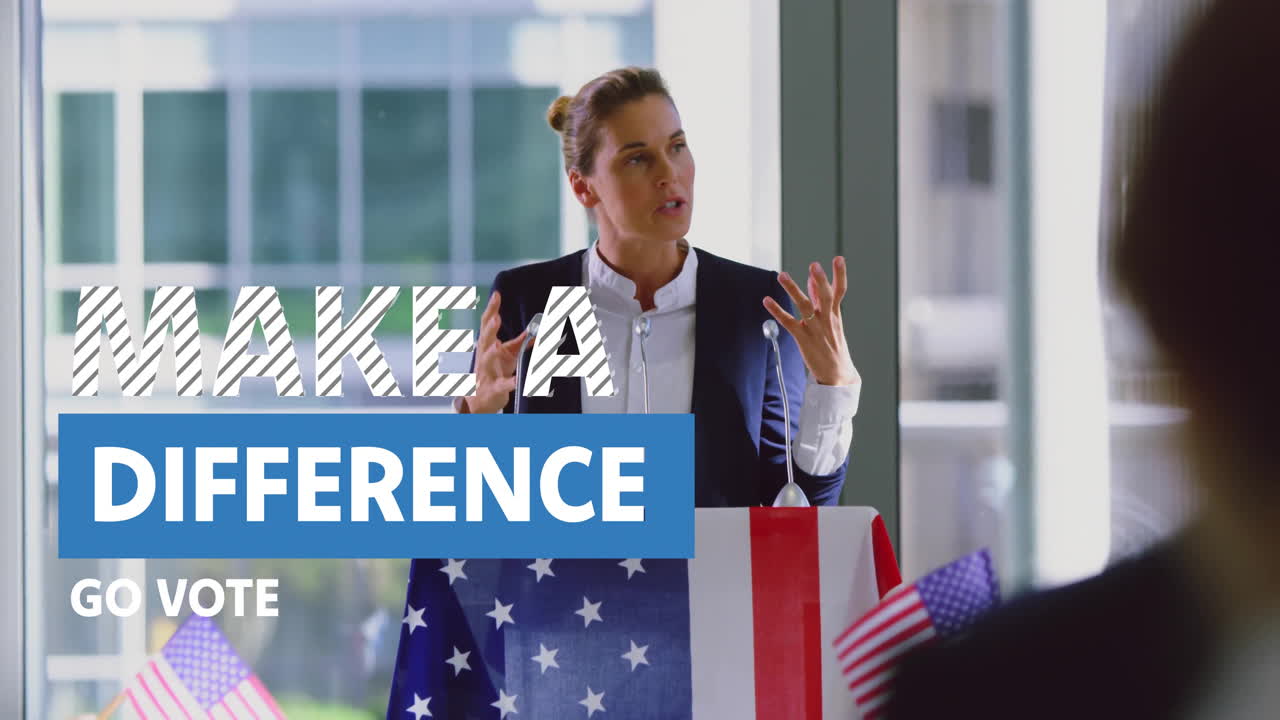 Animation of make a difference go vote text over caucasian female politician speaking
