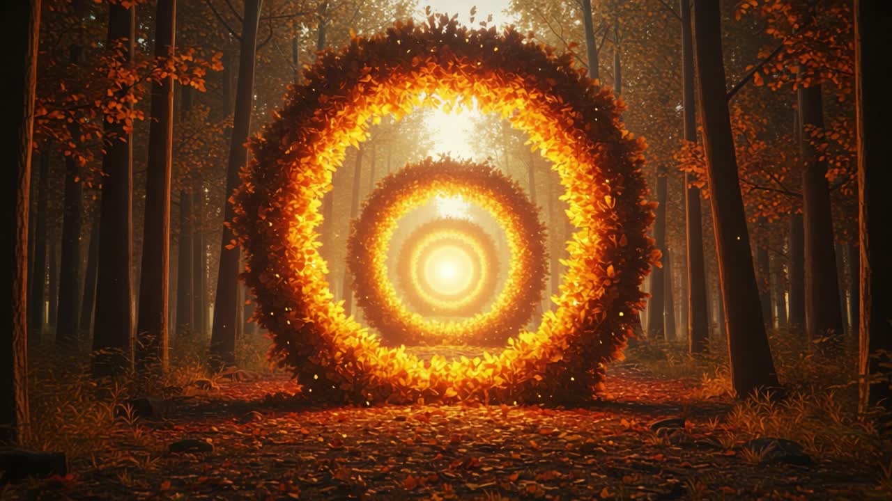Captivating Forest Landscape Featuring Radiant Circular Vortexes of Autumn Leaves, Illuminated by Sunlight, Creating a Magical and Enchanting Atmosphere