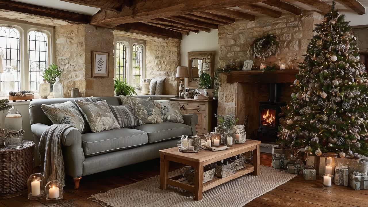 Cozy Holiday Living Room Decor Featuring a Beautifully Adorned Christmas Tree, Elegant Furnishings, and Warm Ambiance in a Rustic Home Setting