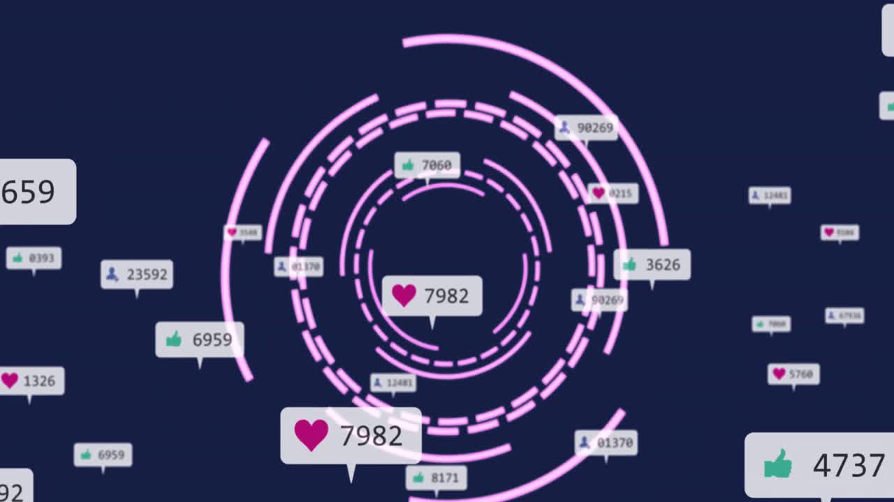 소셜 미디어 아이콘의 애니메이션과 파란색 배경에 회전하는 둥근 스캐너