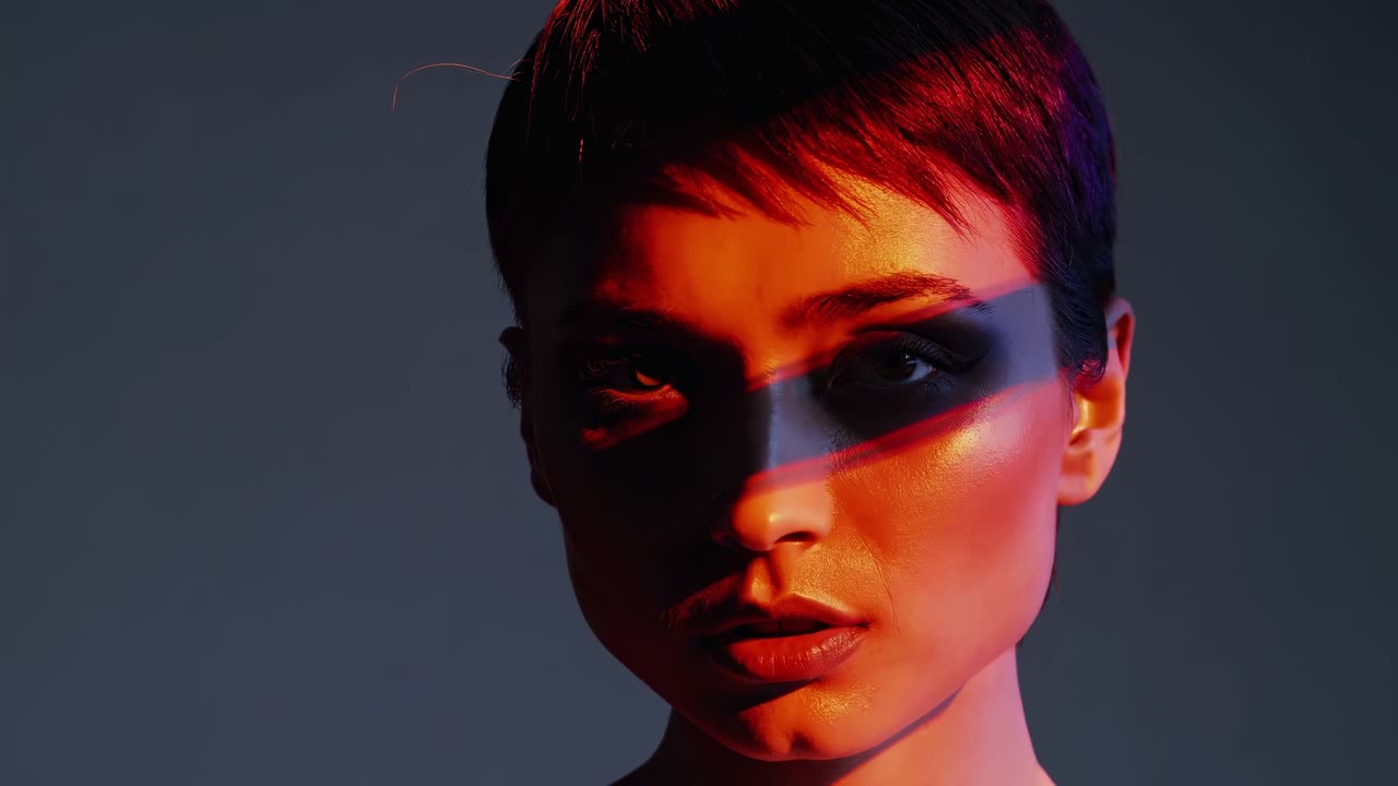 Female model with short hair illuminated by vibrant lighting, showcasing a captivating expression as shadows and colors shift across her face in a dynamic visual sequence