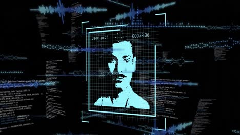 animación del procesamiento de datos y iconos de personas en fondo negro.
