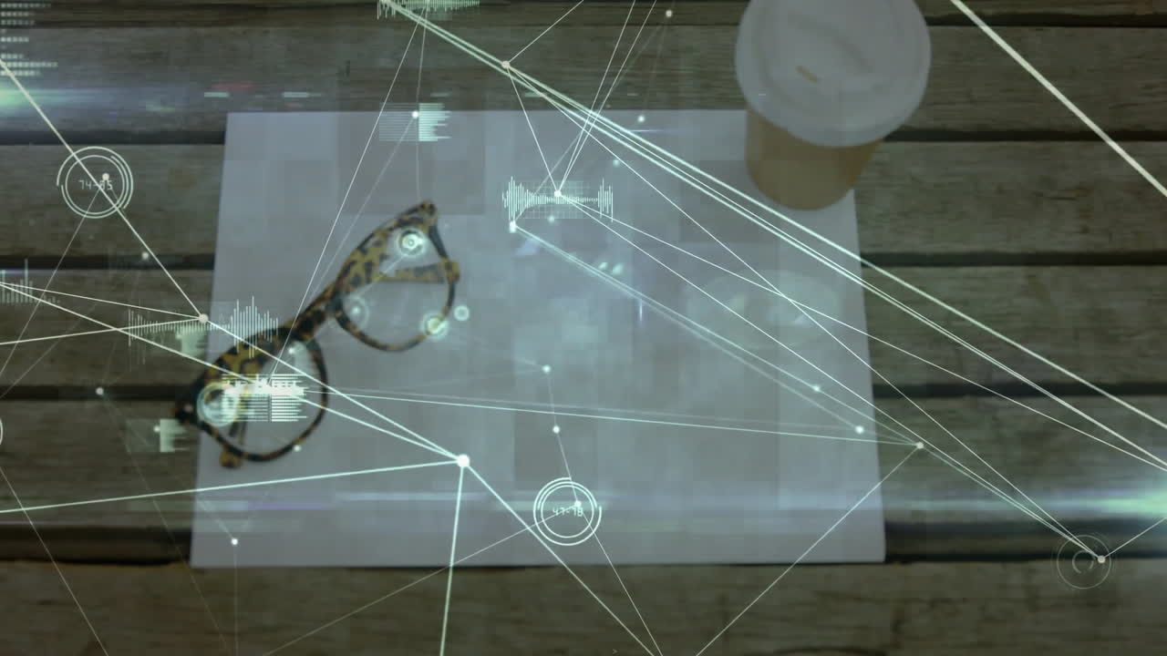 Blank sheet being visualized on wooden desk, presenting glasses coffee cup data overlays