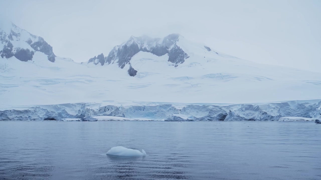 Winter Mountains and Glacier on Coast, Coastal Mountain Scenery in Antarctica, Cold Blue Landscape and Seascape with Glacier Ice and Ocean Sea Water, Antarctic Peninsula Dramatic Coastline Scene