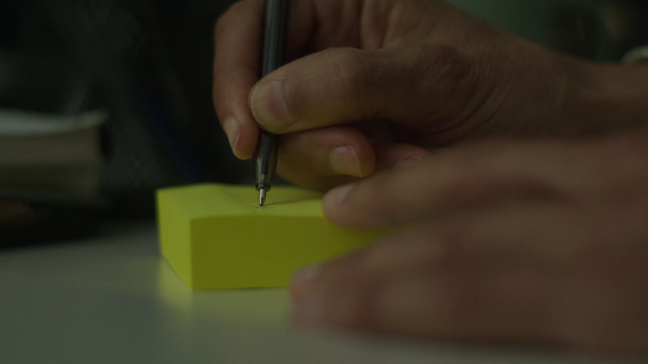 persona que escribe en una nota adhesiva
