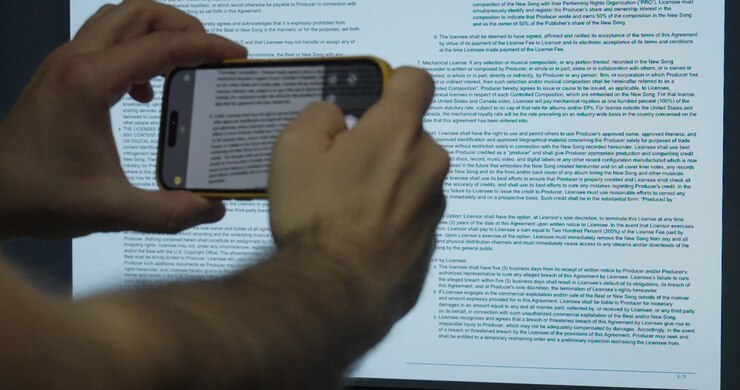Close-up of a man secretly taking photos of confidential documents. Concept of data theft and security risk.
