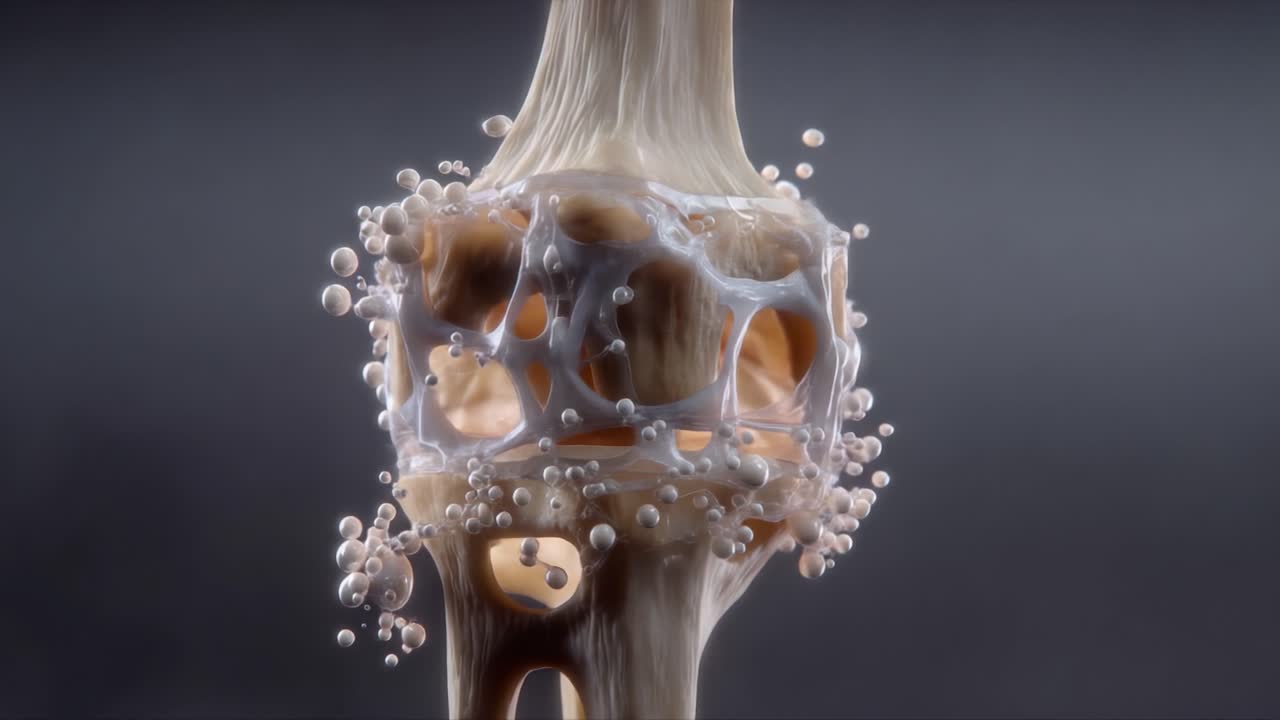 Detaljeret visualisering af en ledstruktur i bevægelse, der viser væskedynamik og biologiske interaktioner i en 3D-repræsentation af menneskets anatomi