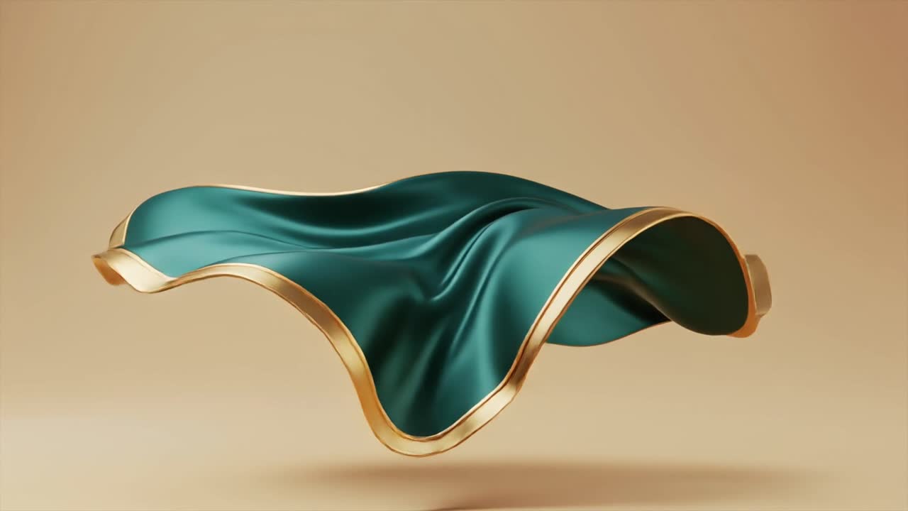Elegante tela de seda verde con ribete dorado fluyendo