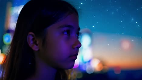 young girl looking up at the night sky filled with stars and city lights