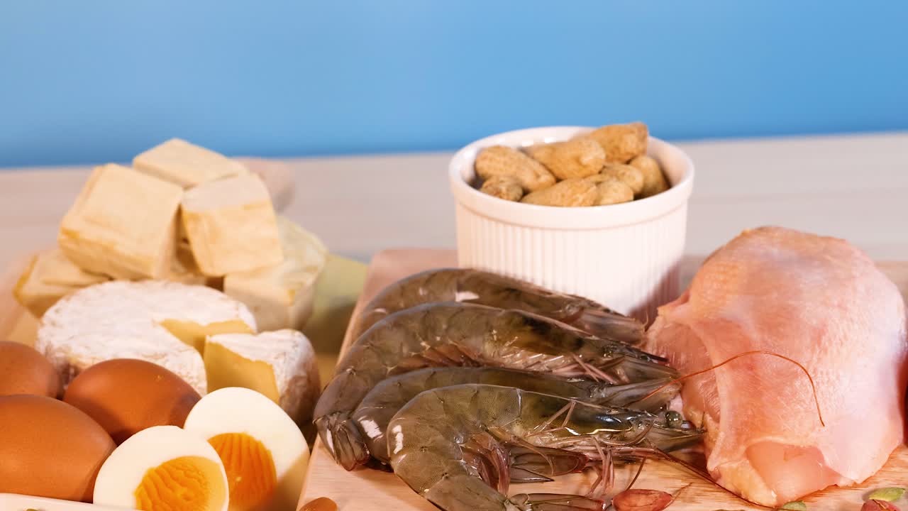 variedad de fuentes de proteínas dispuestas en una mesa