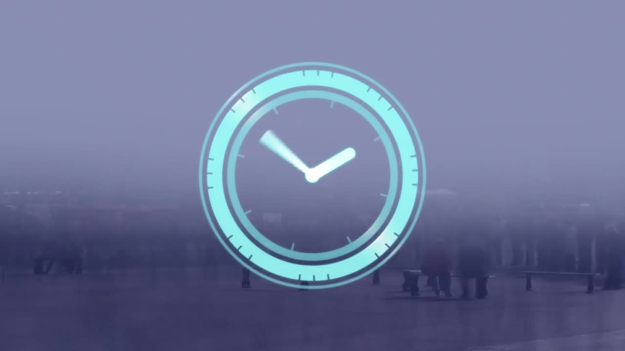 Animation of clock ticking over people walking and cityscape