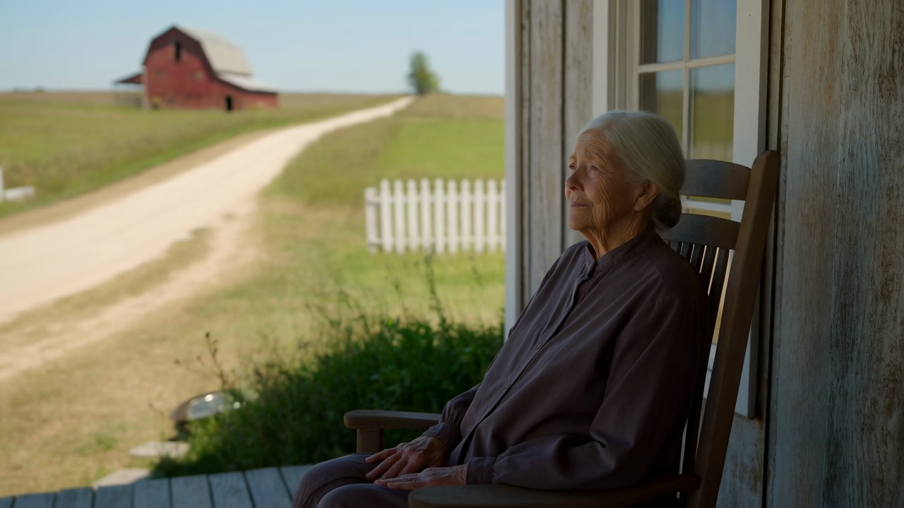 Elderly Woman On Porch Rocking Chair, Gazing Down Winding Dirt Road Toward Red Barn, Sunlit Fields And White
