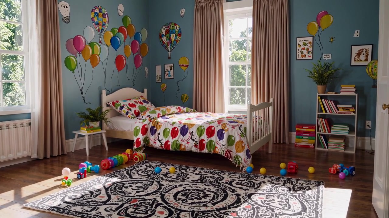 風船のウォールアートと玩具がある明るくカラフルな子供部屋