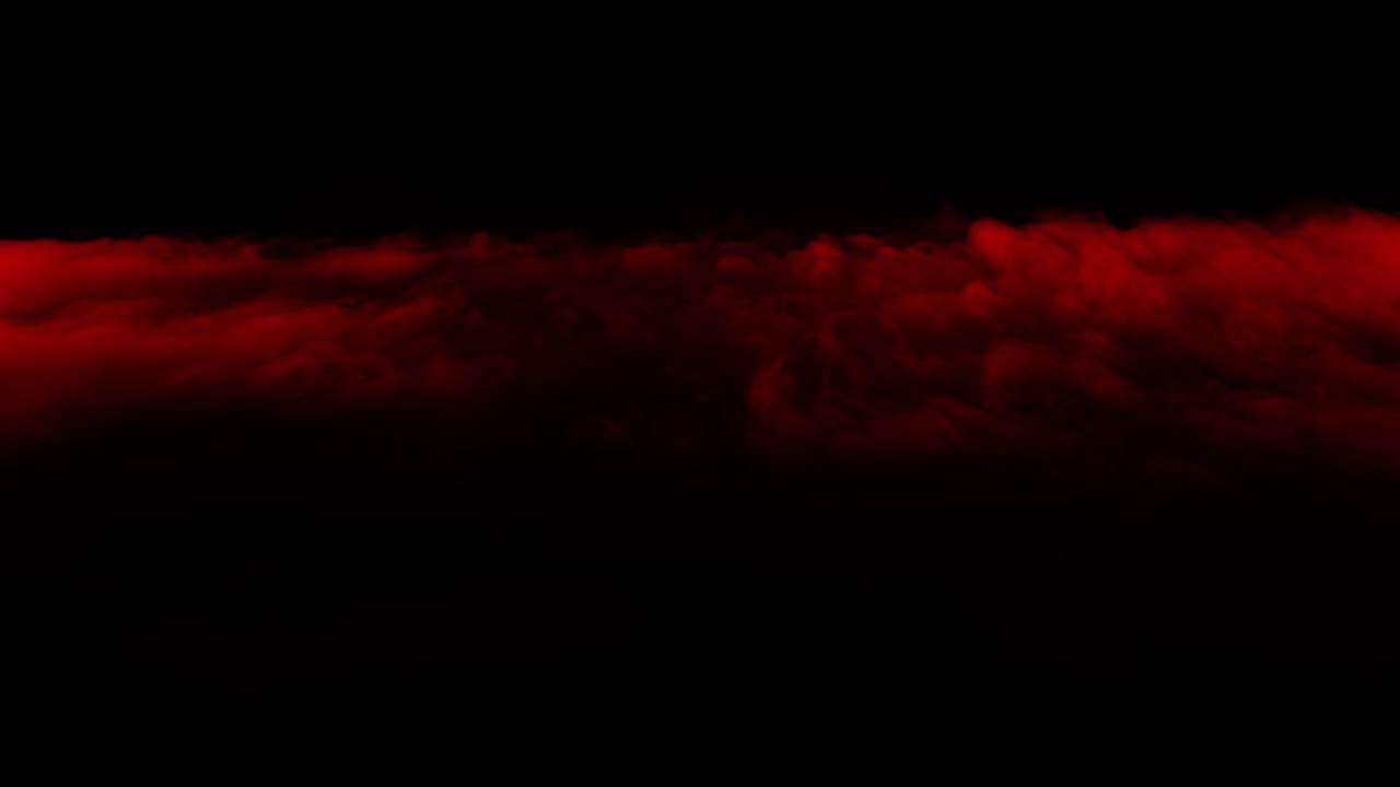 Cinematic flight over thick, rolling red clouds or fog against a black backdrop, ominous landscape for horror or dramatic scenes