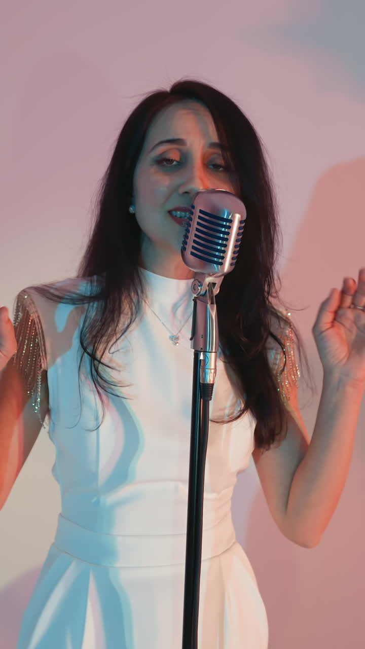 색 드레스를 입은 가수가 그녀의 손을 움직이면서 열정적으로 노래합니다. 다채로운 배경에 대한 벽에 그림자가 있습니다. 그녀는 빈티지 마이크 앞에 서 있습니다.
