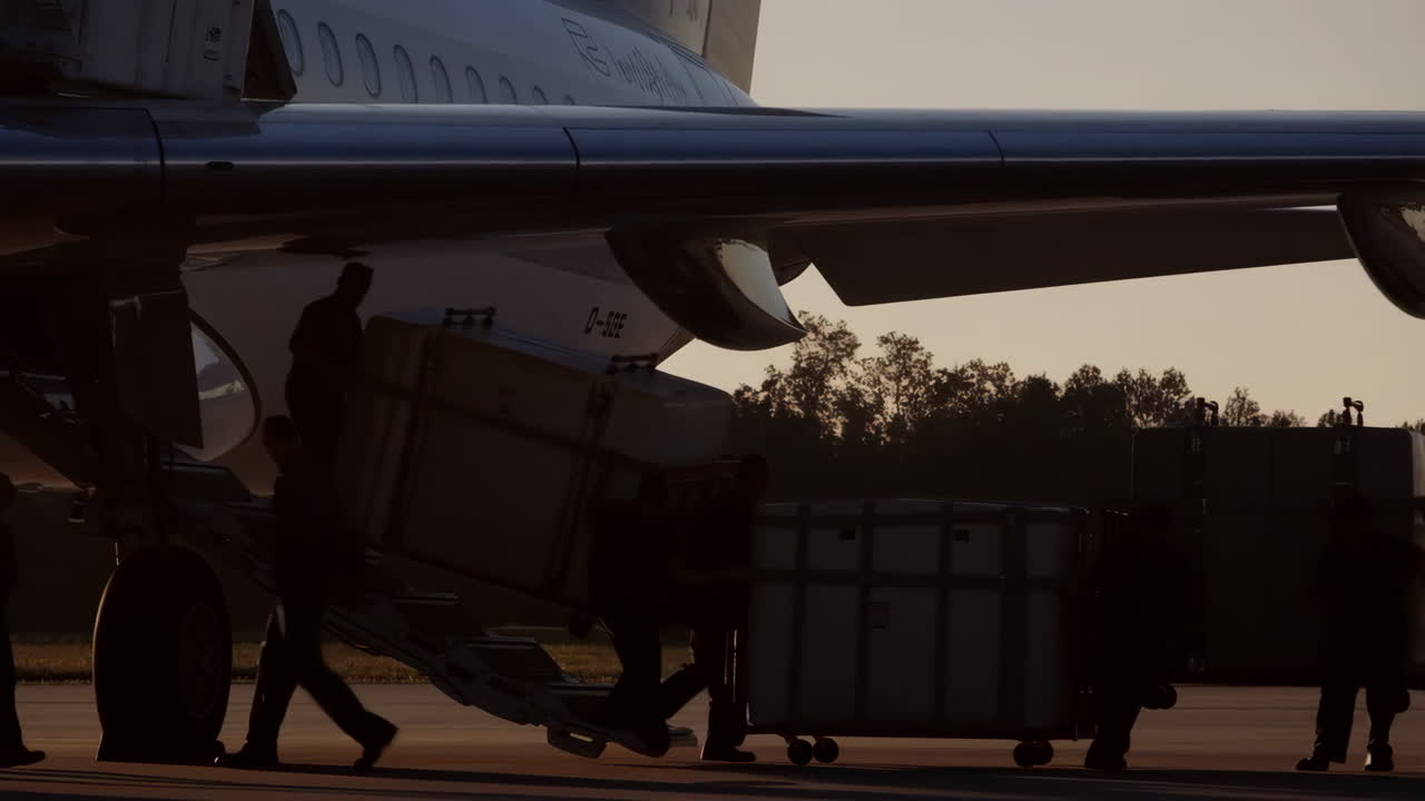 Airport Ground Crew Loading Cargo onto an Airplane at Sunrise or Sunset