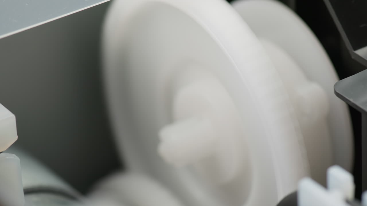 vista macro dentro de una impresora en funcionamiento, engranajes de plástico girando