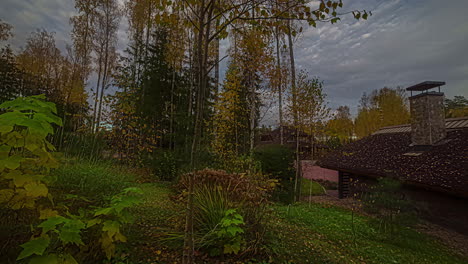 Rotating-shot-shot-of-stone-houses-along-rural-countryside-on-a-cloudy-day-in-timelapse