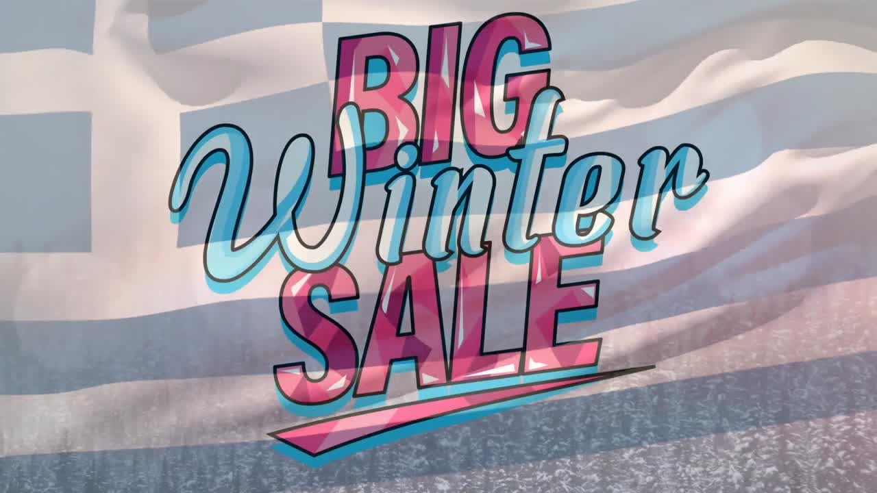 큰 겨울 판매 텍스트 배너와 겨울 풍경에 대한  ⁇ 발을 흔드는 디지털 구성