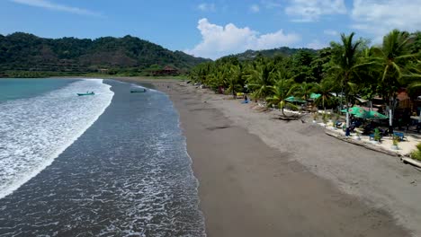 Costa-Rican-Beach-with-waves-crashing-and-palm-trees-on-sunny-day--aerial