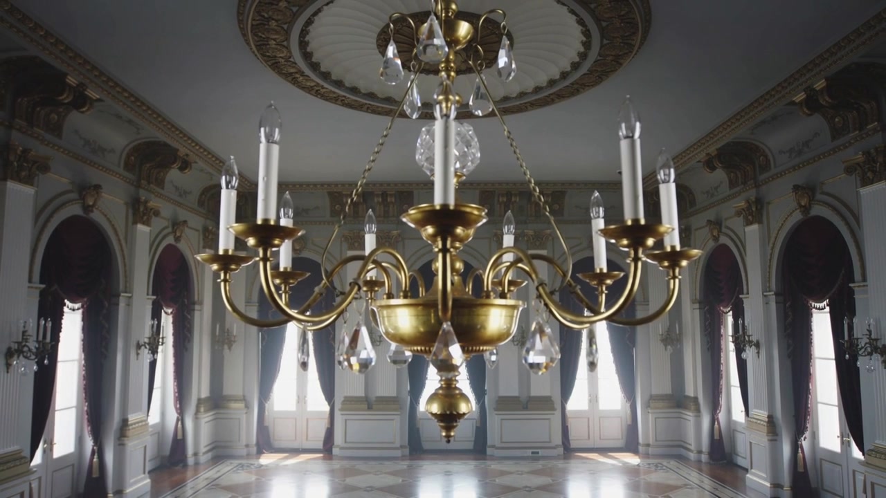 Un lampadario rotante a più bracci che si sposta mentre la telecamera avanza nella sala ricevimenti, mostrando un medaglione